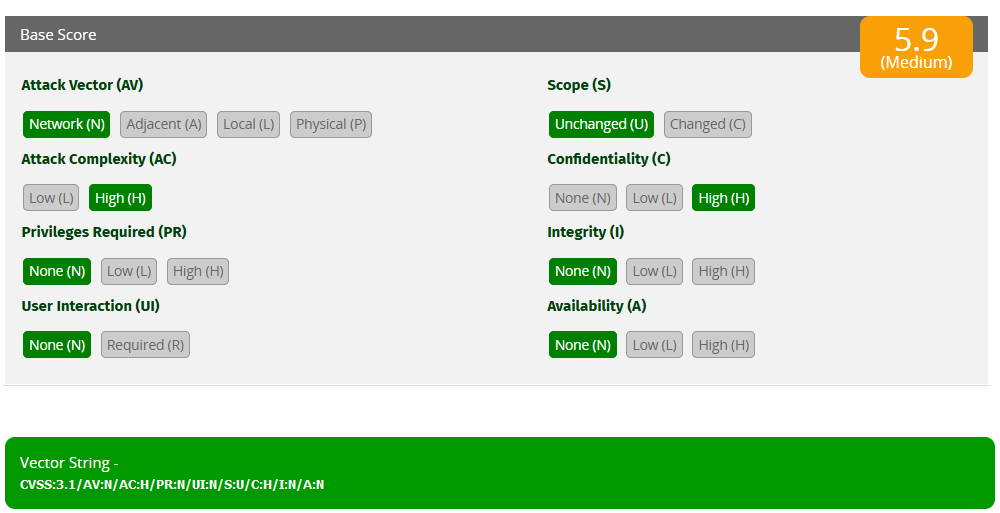 Example automotive vulnerability rated in the CVSS 3.1 calculator leading to a medium (5.9) score.